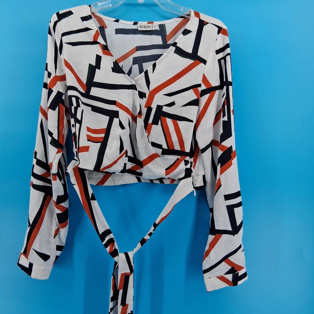 Miss Mia Mia Crop Top Womens L White Orange Black Geometric Abstract Wrap Blouse